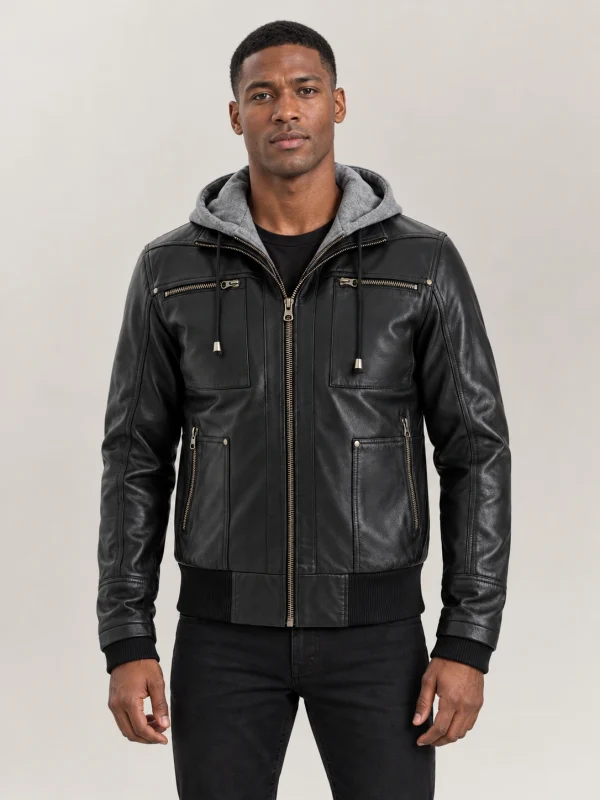 Men's Palermo Black Hooded Leather Bomber Jacket