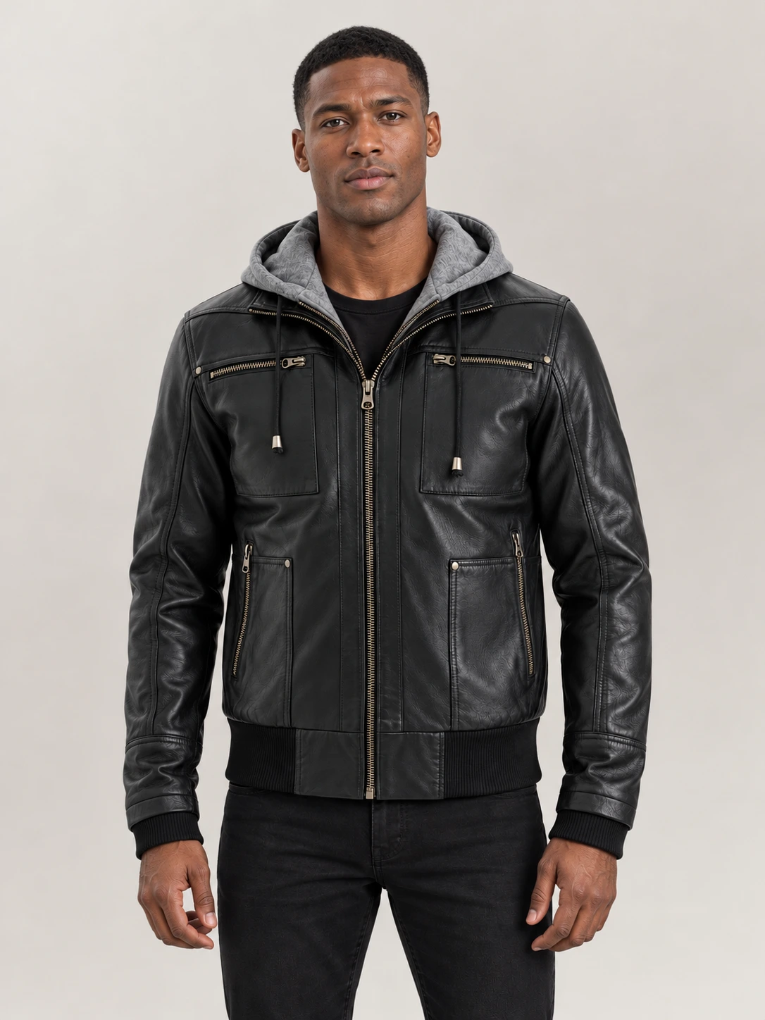 Men's Palermo Black Hooded Leather Bomber Jacket