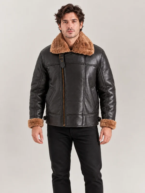 Men's Merano Black Real Shearling Bomber Jacket