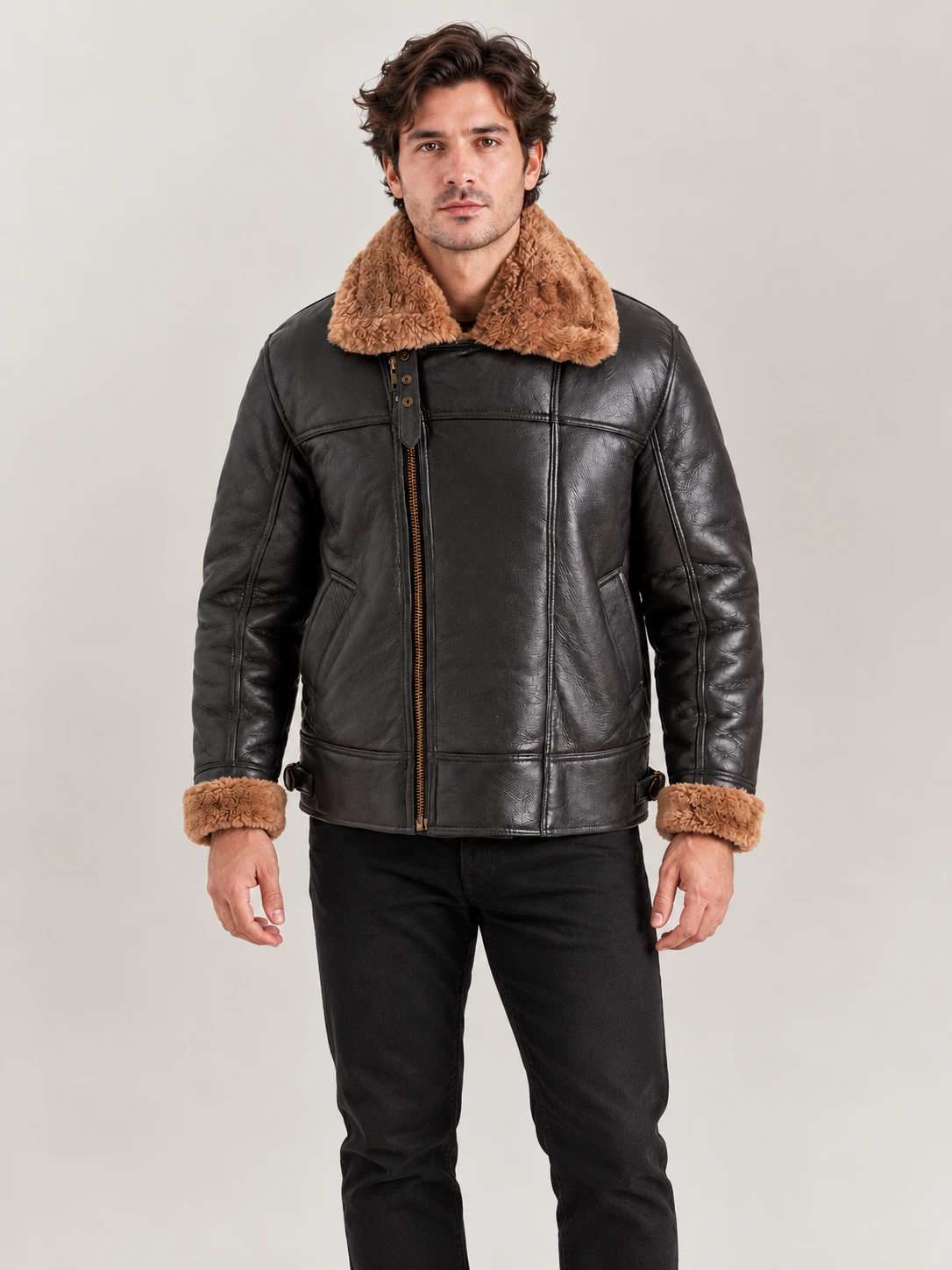 Men's Merano Black Real Shearling Bomber Jacket