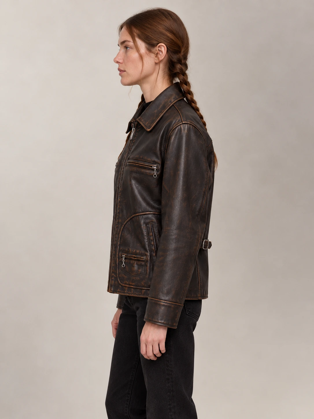 Women's Brown Leather Moto Jacket