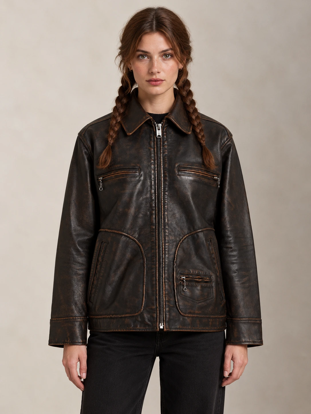 Women's Brown Leather Moto Jacket