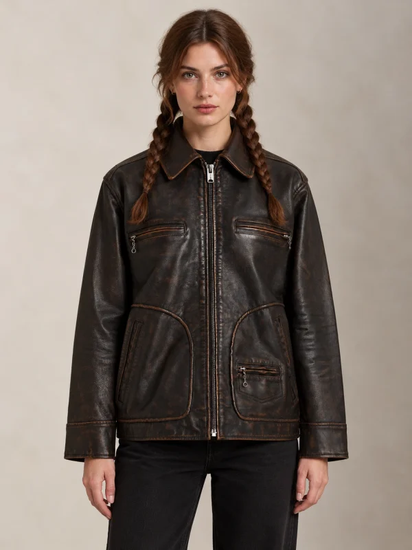 Women's Brown Leather Moto Jacket