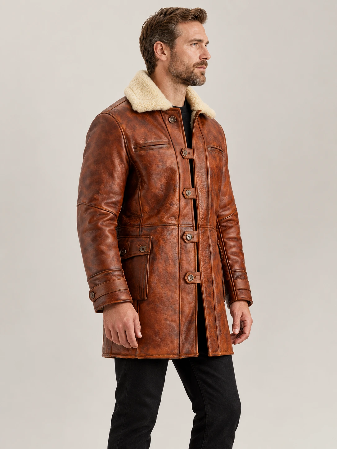 Men's Monte Rosa Distressed Tan Real Shearling Bomber Coat