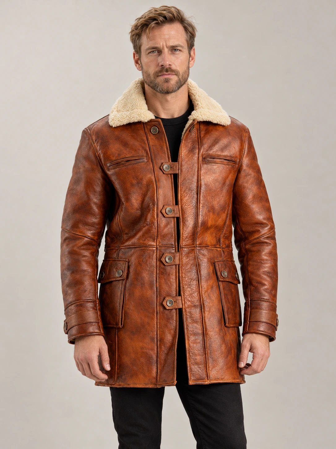 Men's Monte Rosa Distressed Tan Real Shearling Bomber Coat