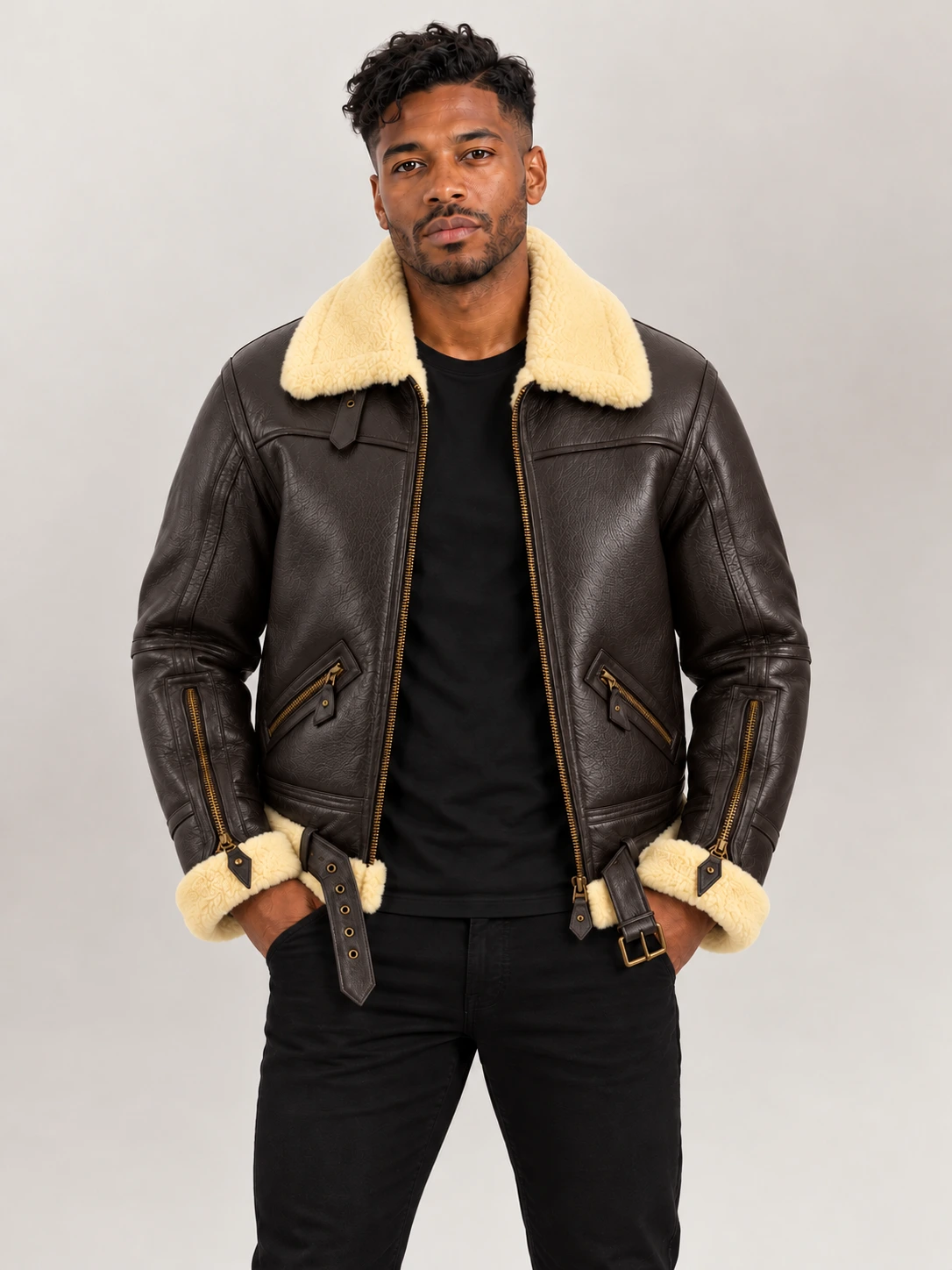 Men's Dolomiti RAF Brown Real Shearling Bomber Jacket