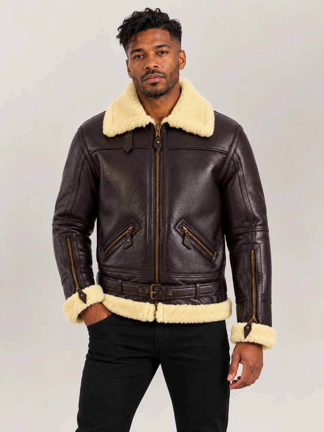 Men's Dolomiti RAF Brown Real Shearling Bomber Jacket