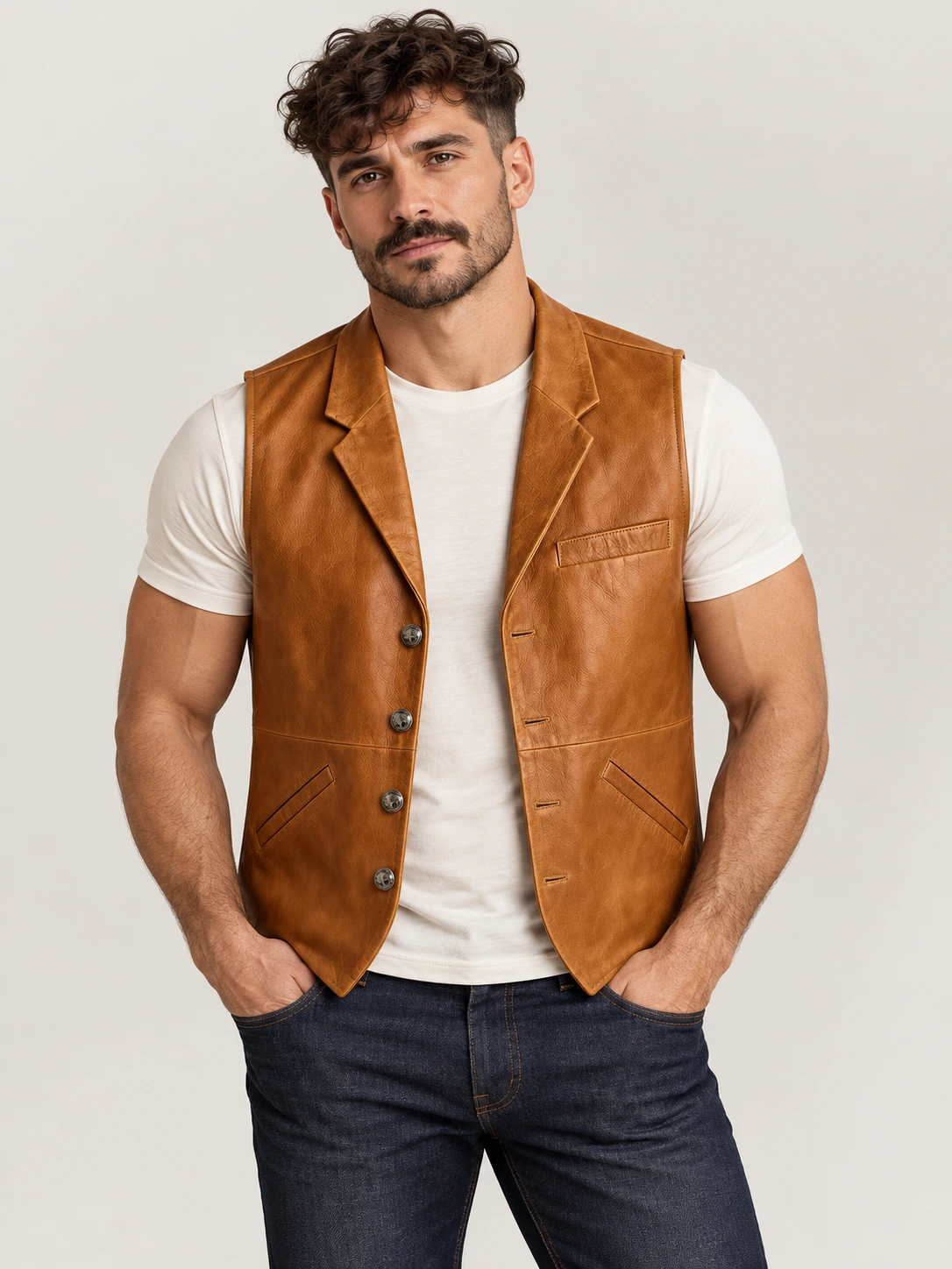 Men's Classic Western Lapel Cowhide Leather Vest