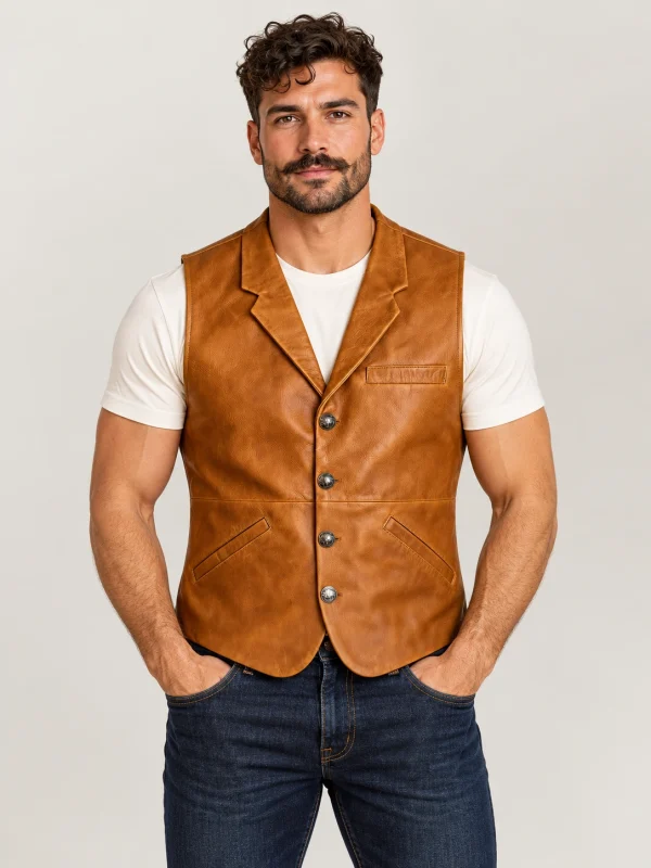 Men's Classic Western Lapel Cowhide Leather Vest