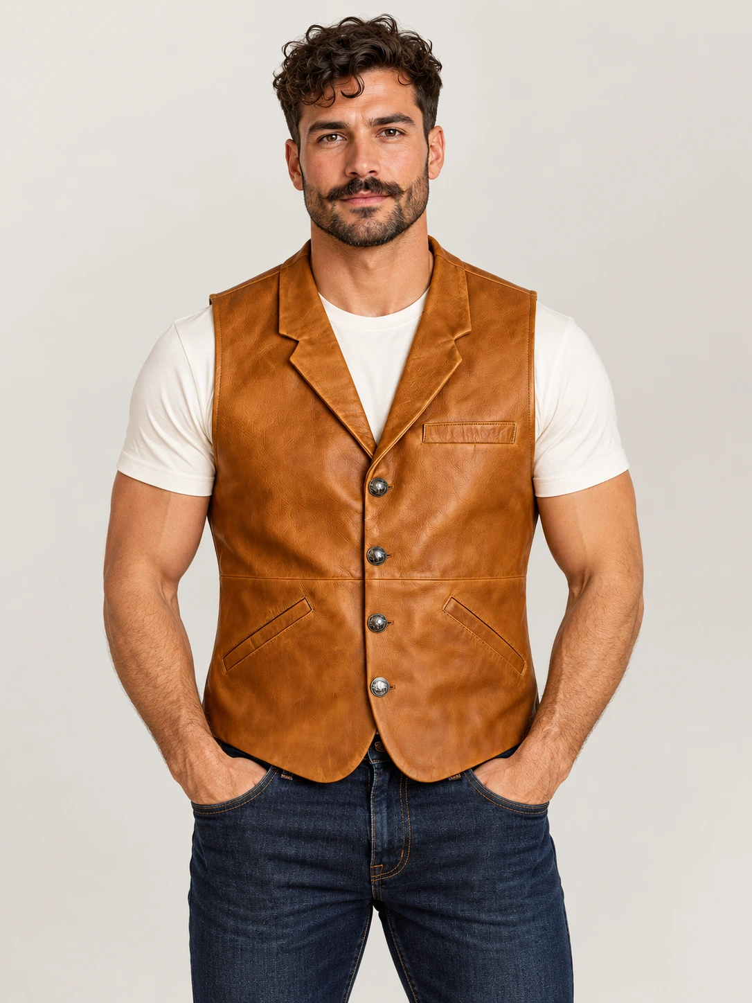 Men's Classic Western Lapel Cowhide Leather Vest