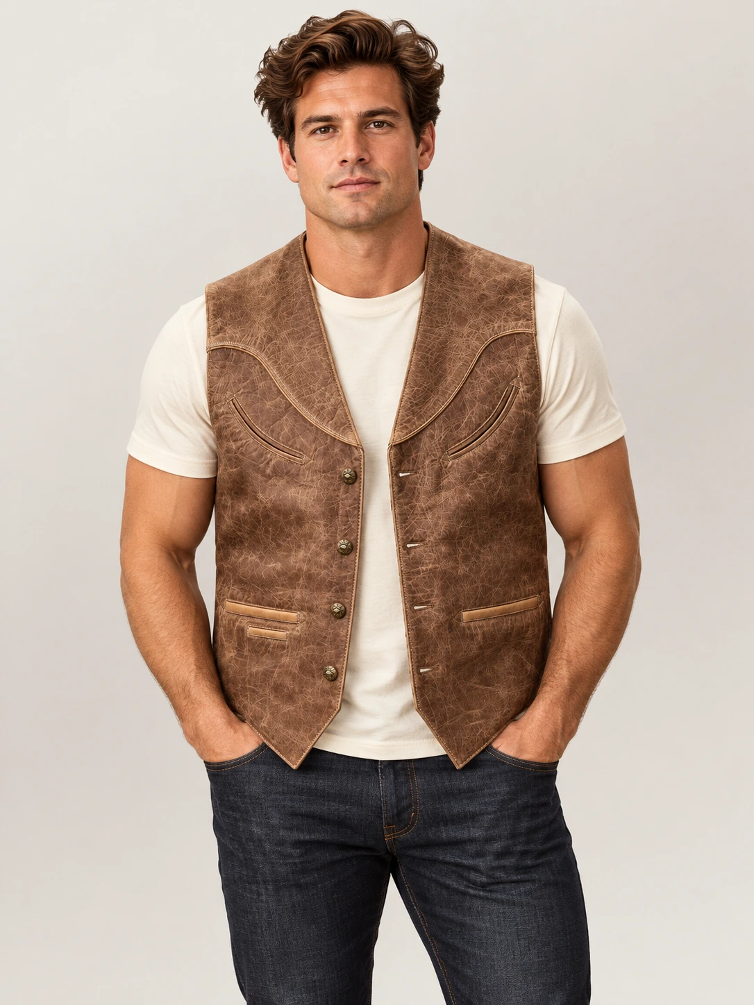 Men's Western Distressed Cowhide Leather Vest
