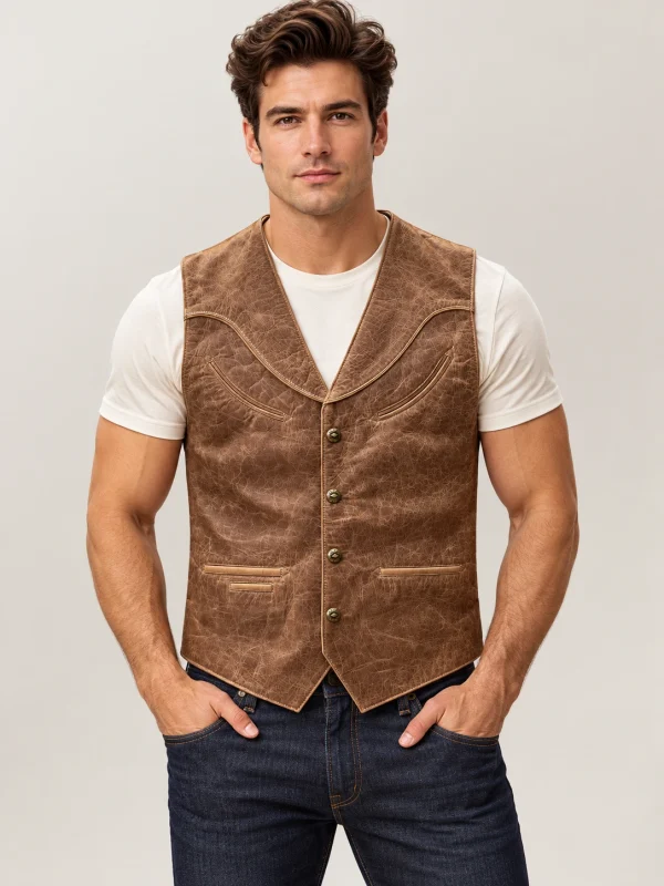 Men's Western Distressed Cowhide Leather Vest