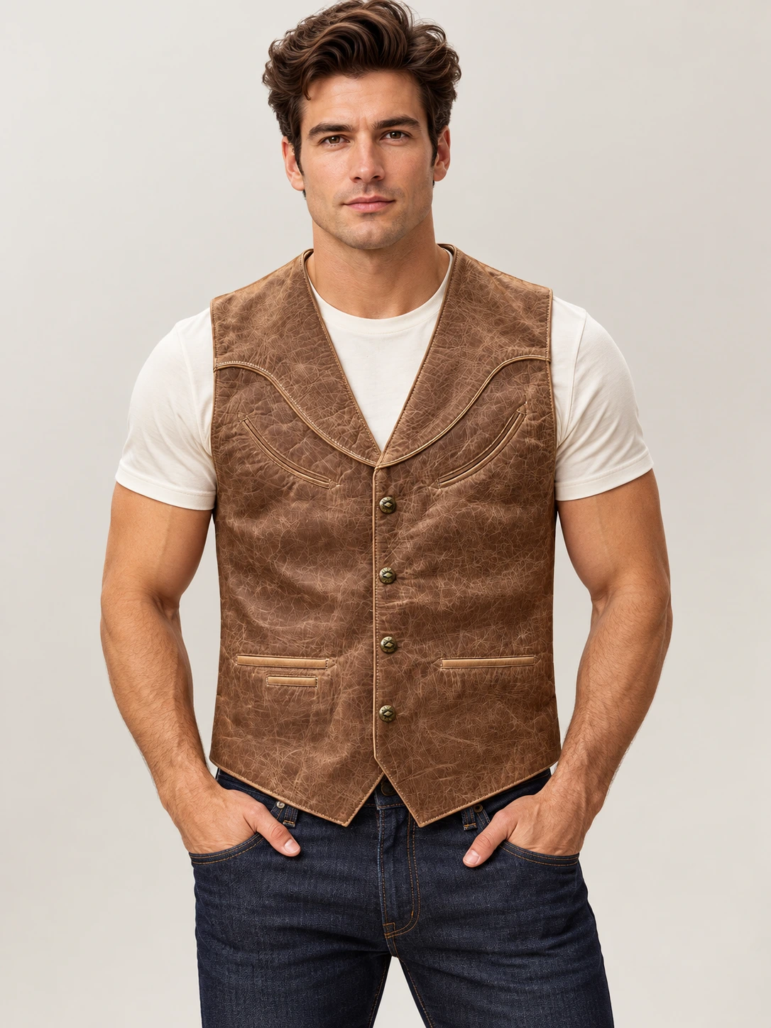 Men's Western Distressed Cowhide Leather Vest