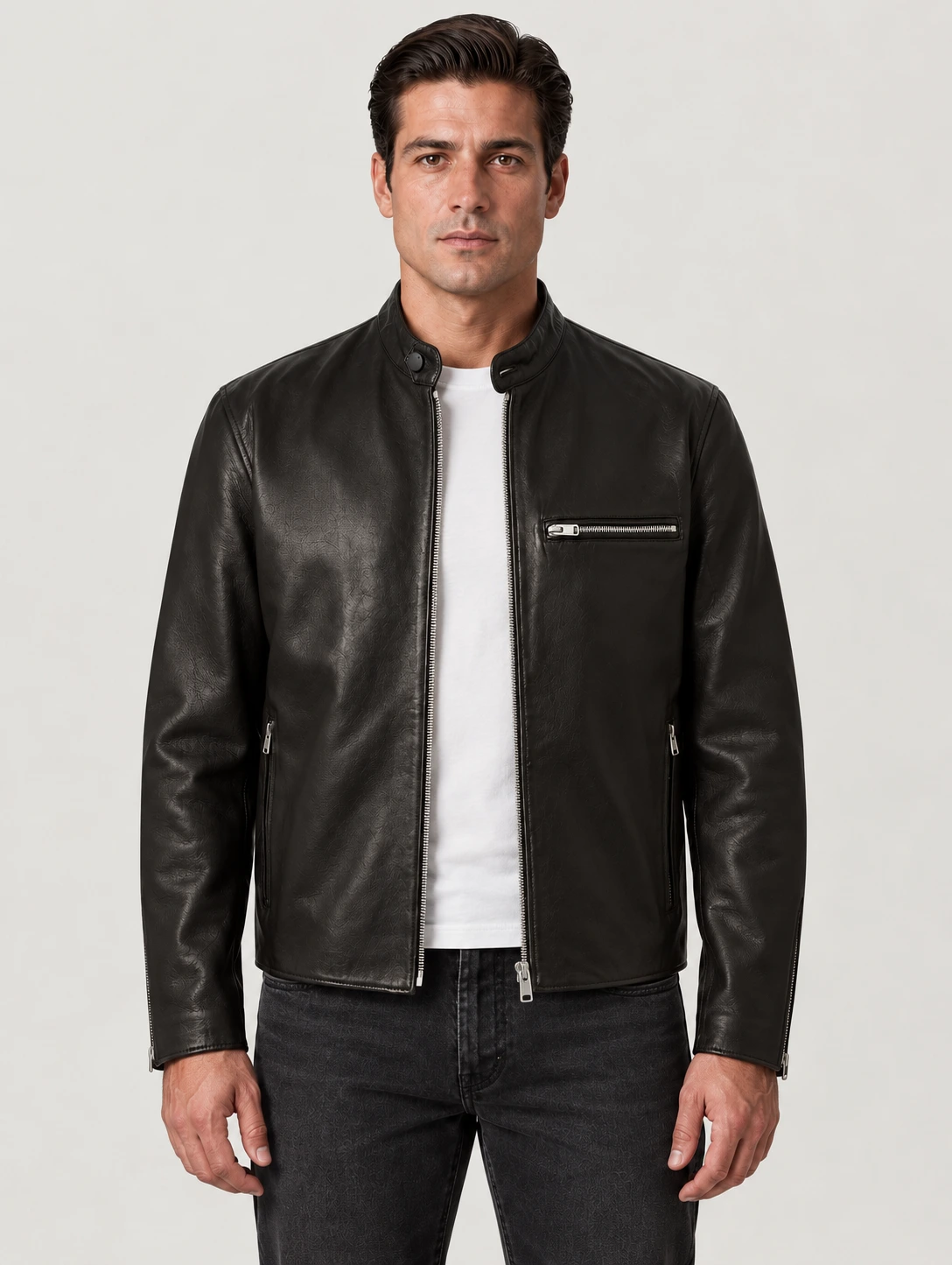 Men's Black Track Racer Leather Jacket