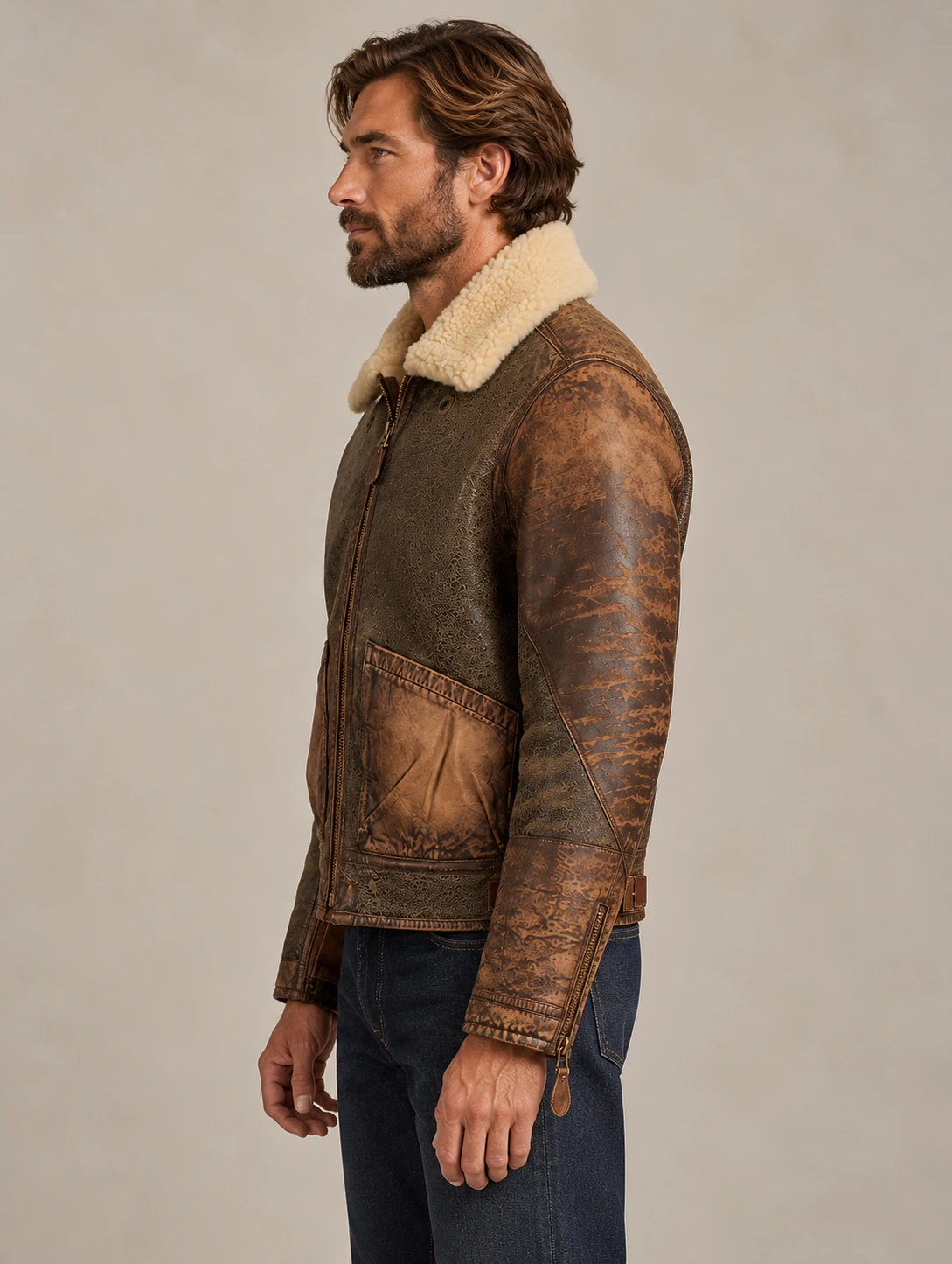 Men's Leather-Trim Shearling Bomber Jacket