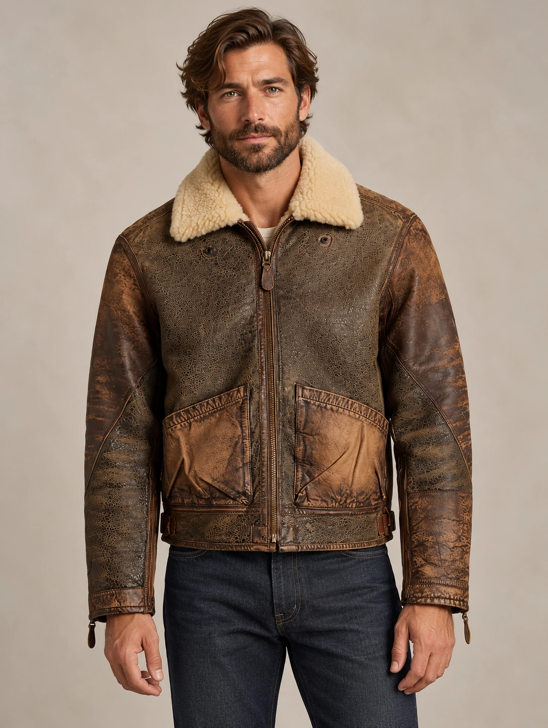 Men's Leather-Trim Shearling Bomber Jacket