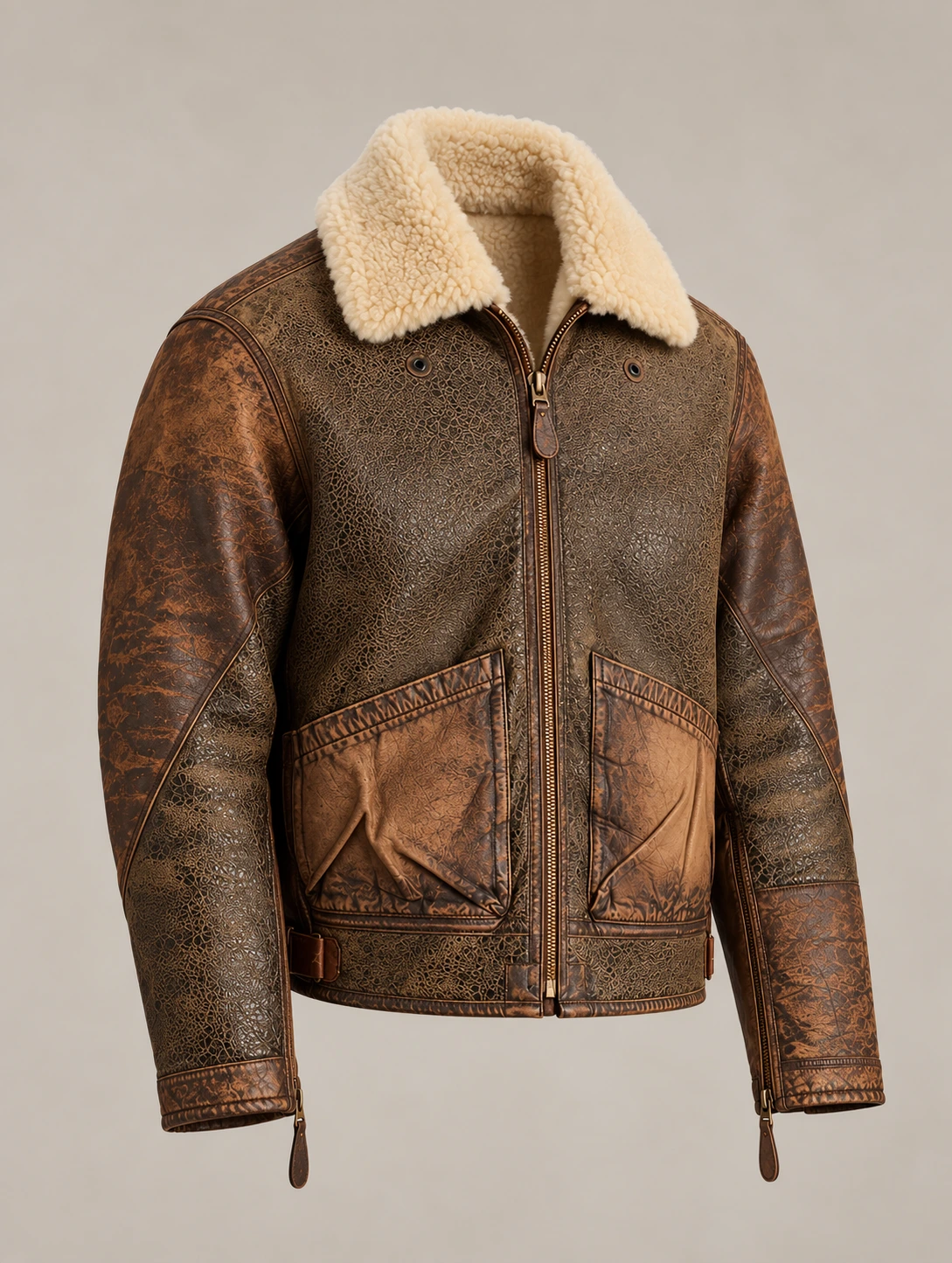 Men's Leather-Trim Shearling Bomber Jacket