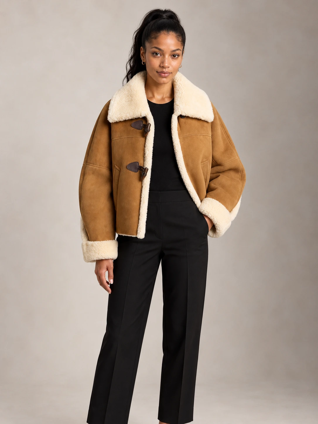 Women's Shearling Toggle Swing Leather Jacket