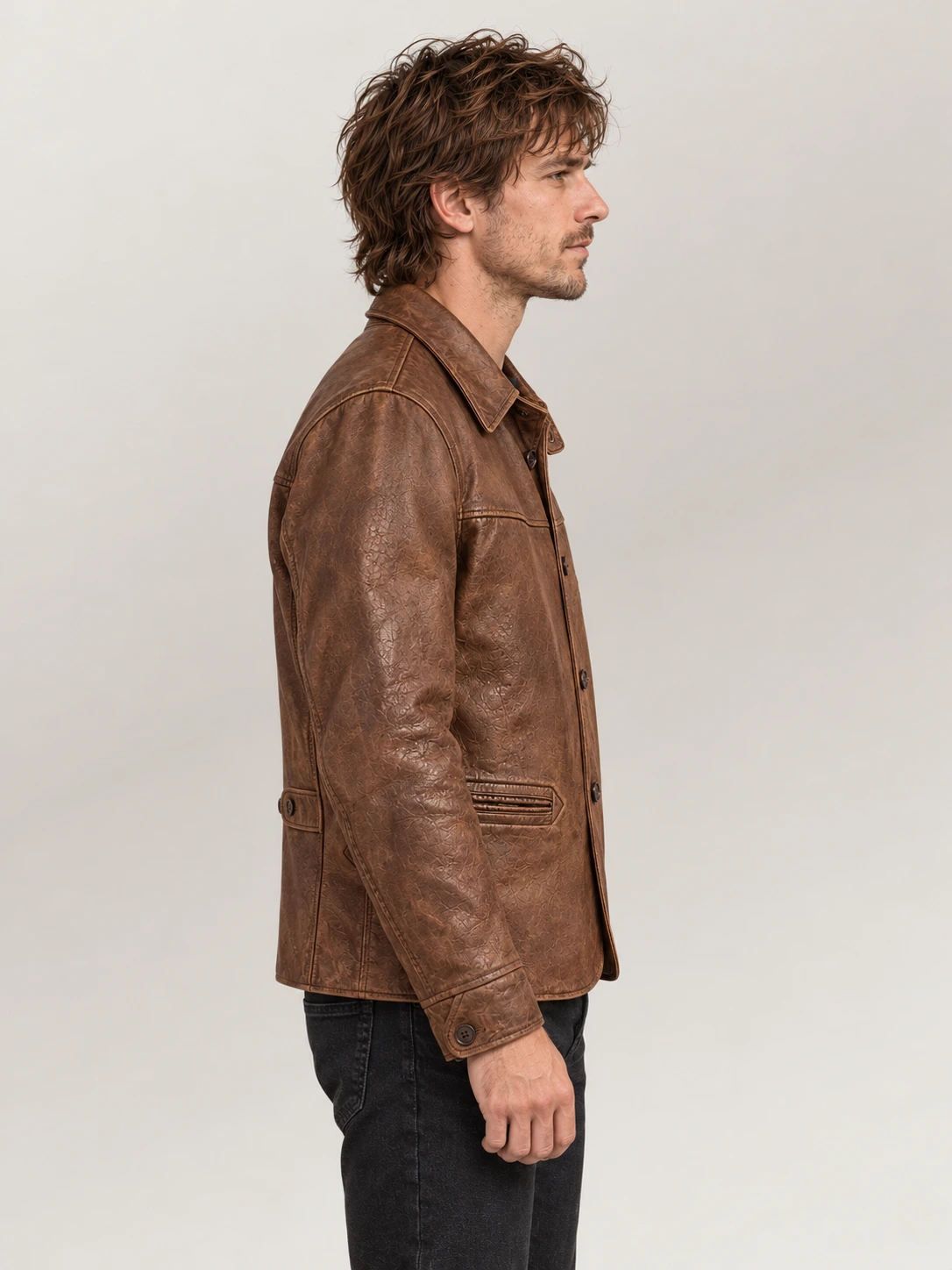 Men's Vintage Tan Leather Car Coat