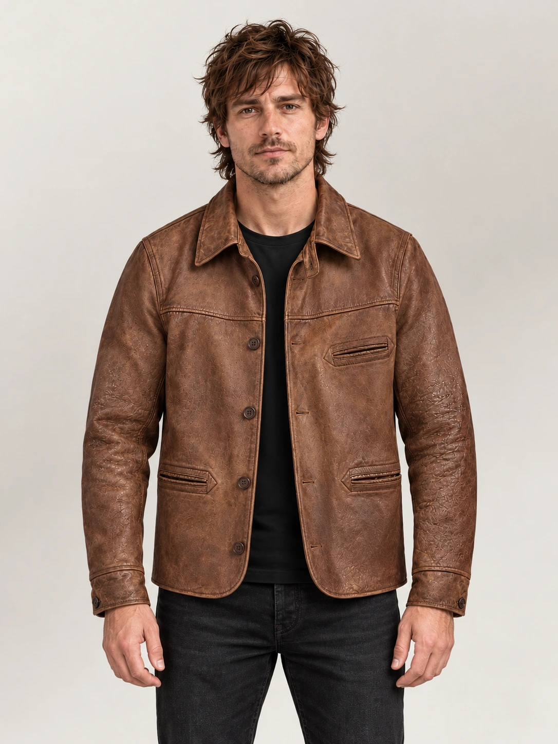 Men's Vintage Tan Leather Car Coat