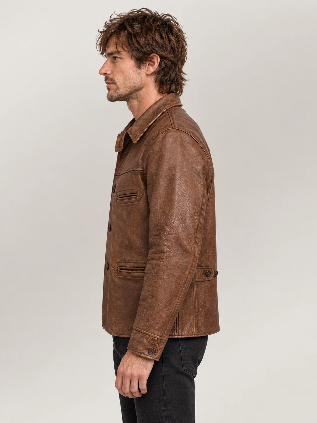 Men's Vintage Tan Leather Car Coat