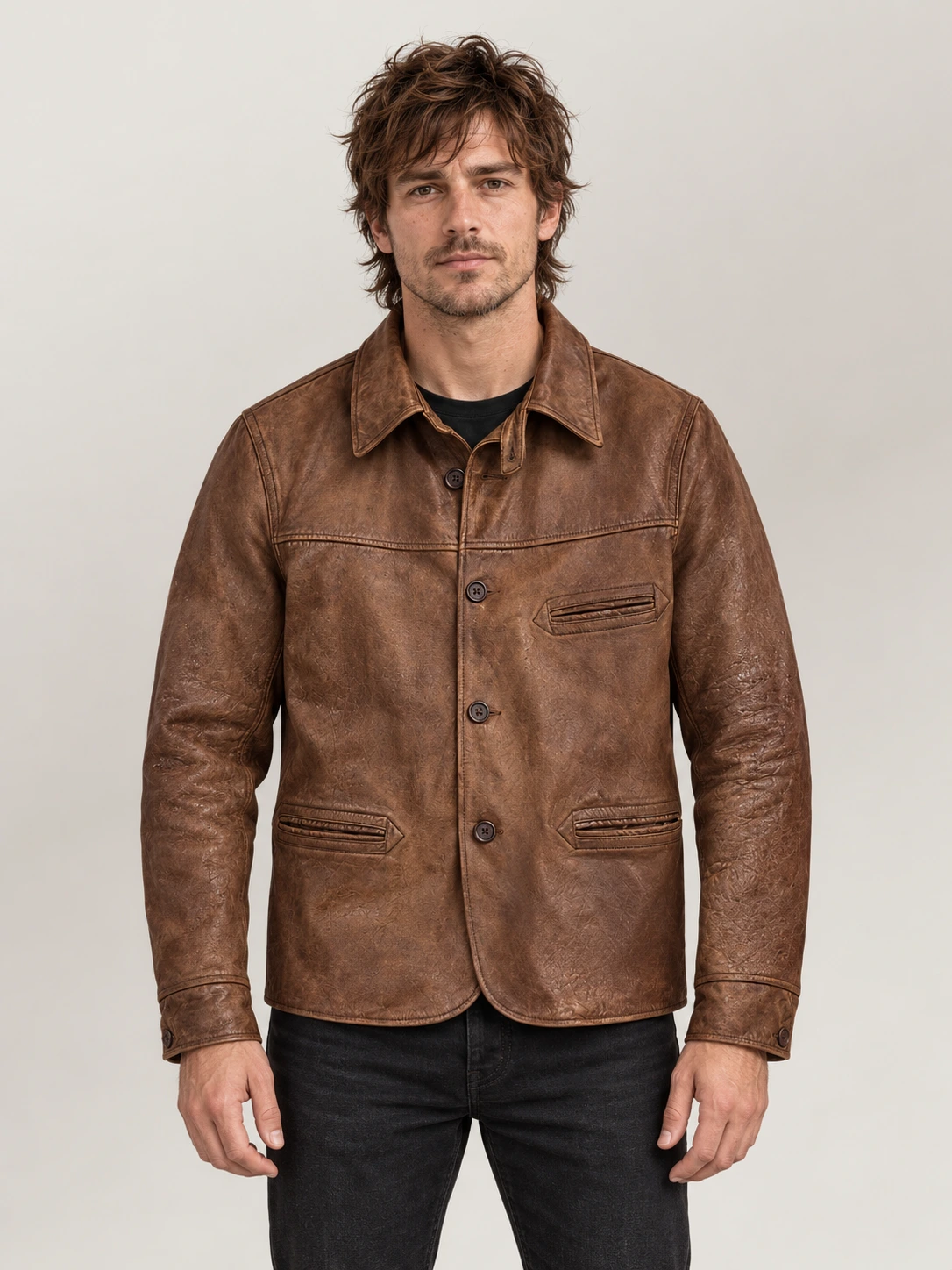 Men's Vintage Tan Leather Car Coat