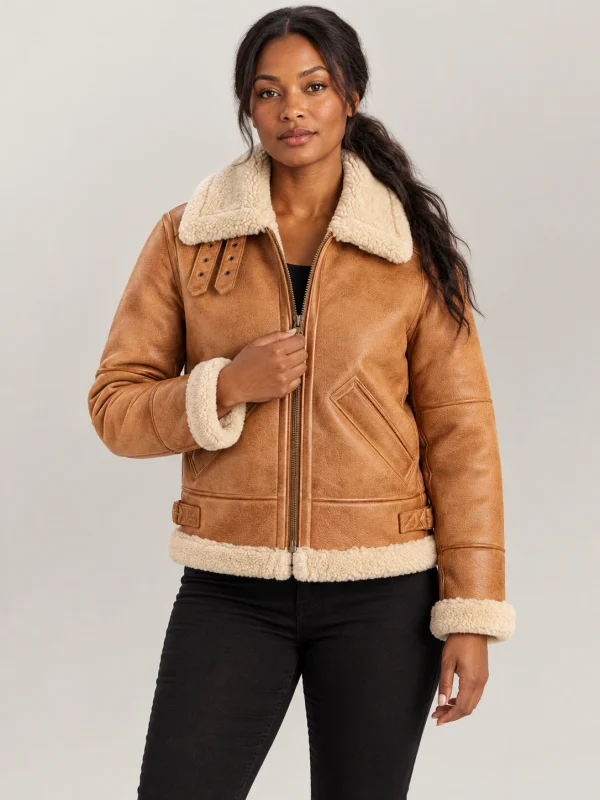 Women's Freda B3 Tan Real Shearling Bomber Jacket