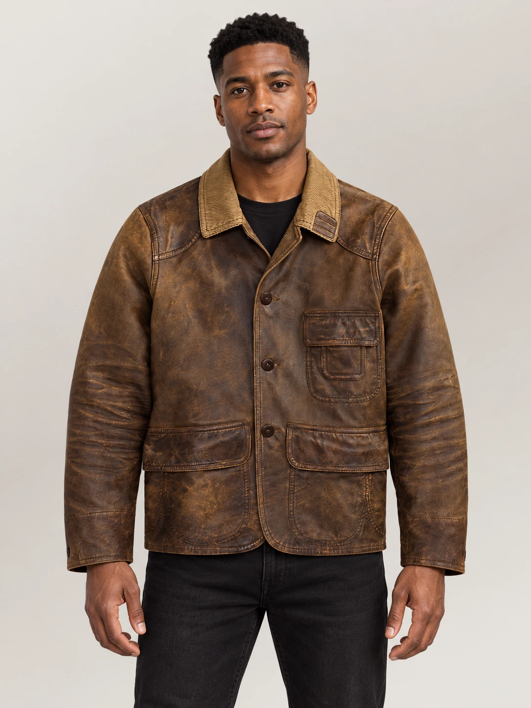 Men's Leather Corduroy Collar Jacket