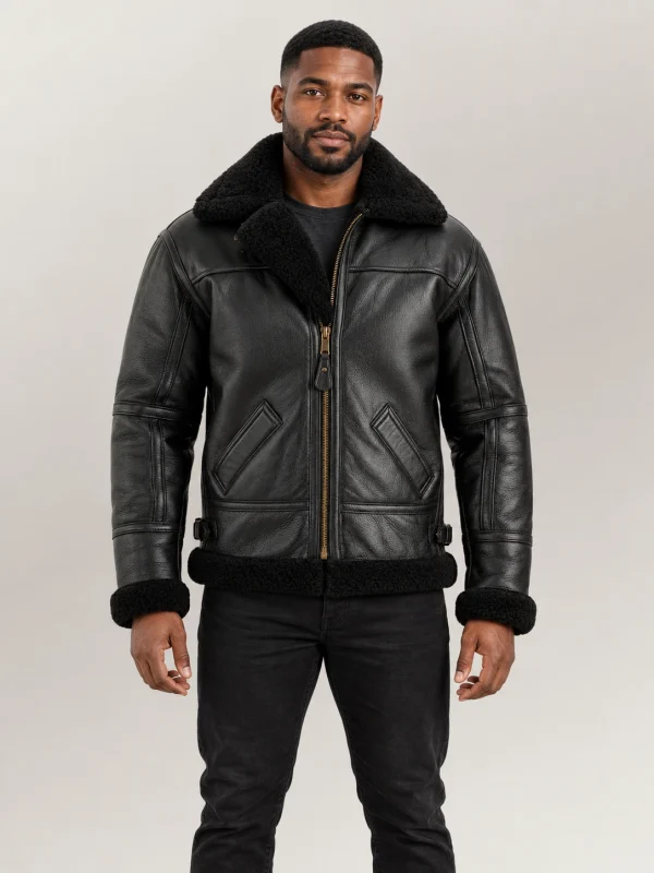 Men's Prime Trentino B3 Black Real Shearling Bomber Jacket