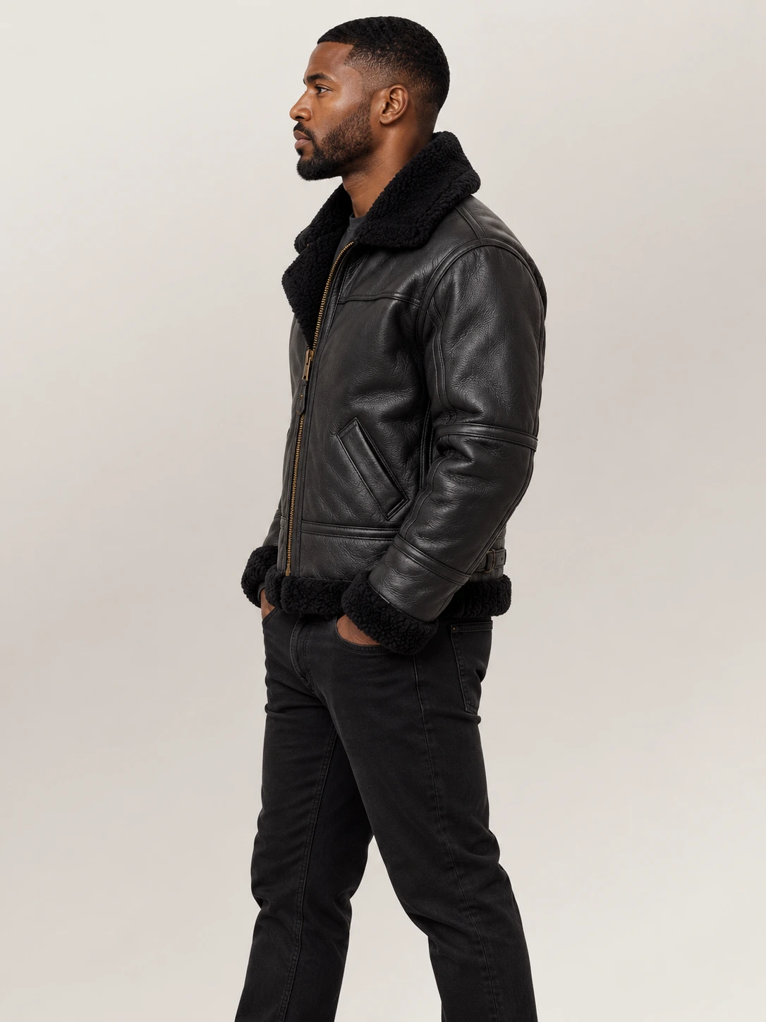 Men's Prime Trentino B3 Black Real Shearling Bomber Jacket