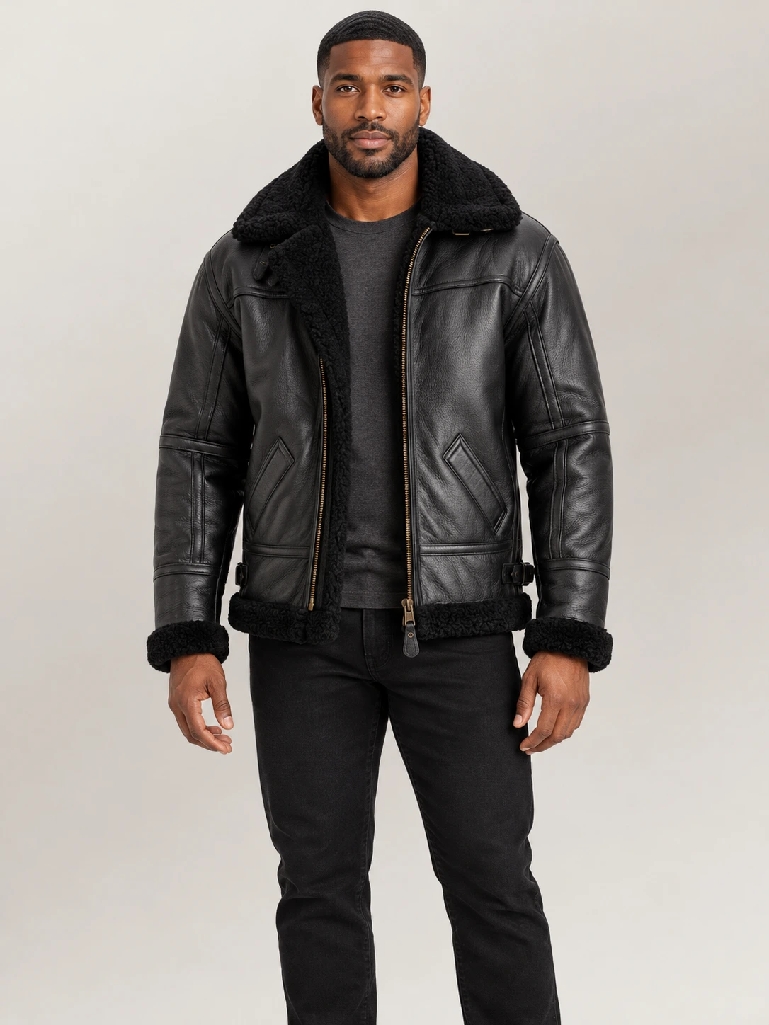 Men's Prime Trentino B3 Black Real Shearling Bomber Jacket
