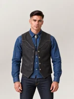 Men's Western Charcoal Nubik Cowhide Leather Vest