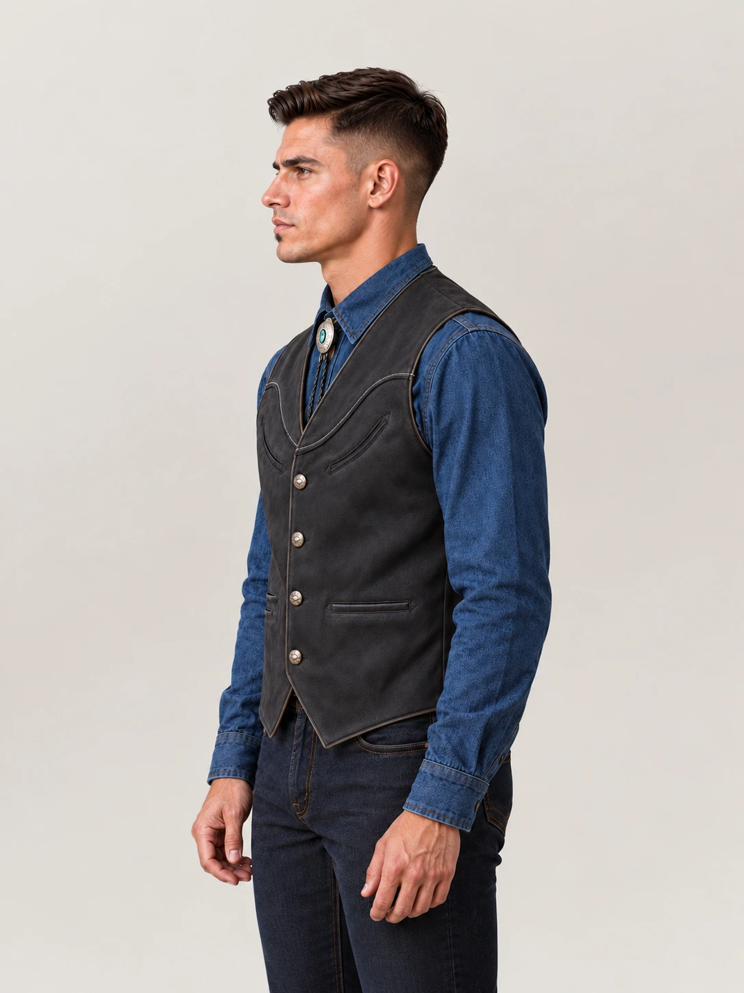 Men's Western Charcoal Nubik Cowhide Leather Vest