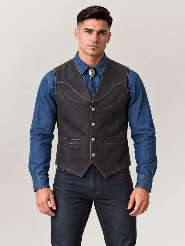 Men's Western Charcoal Nubik Cowhide Leather Vest