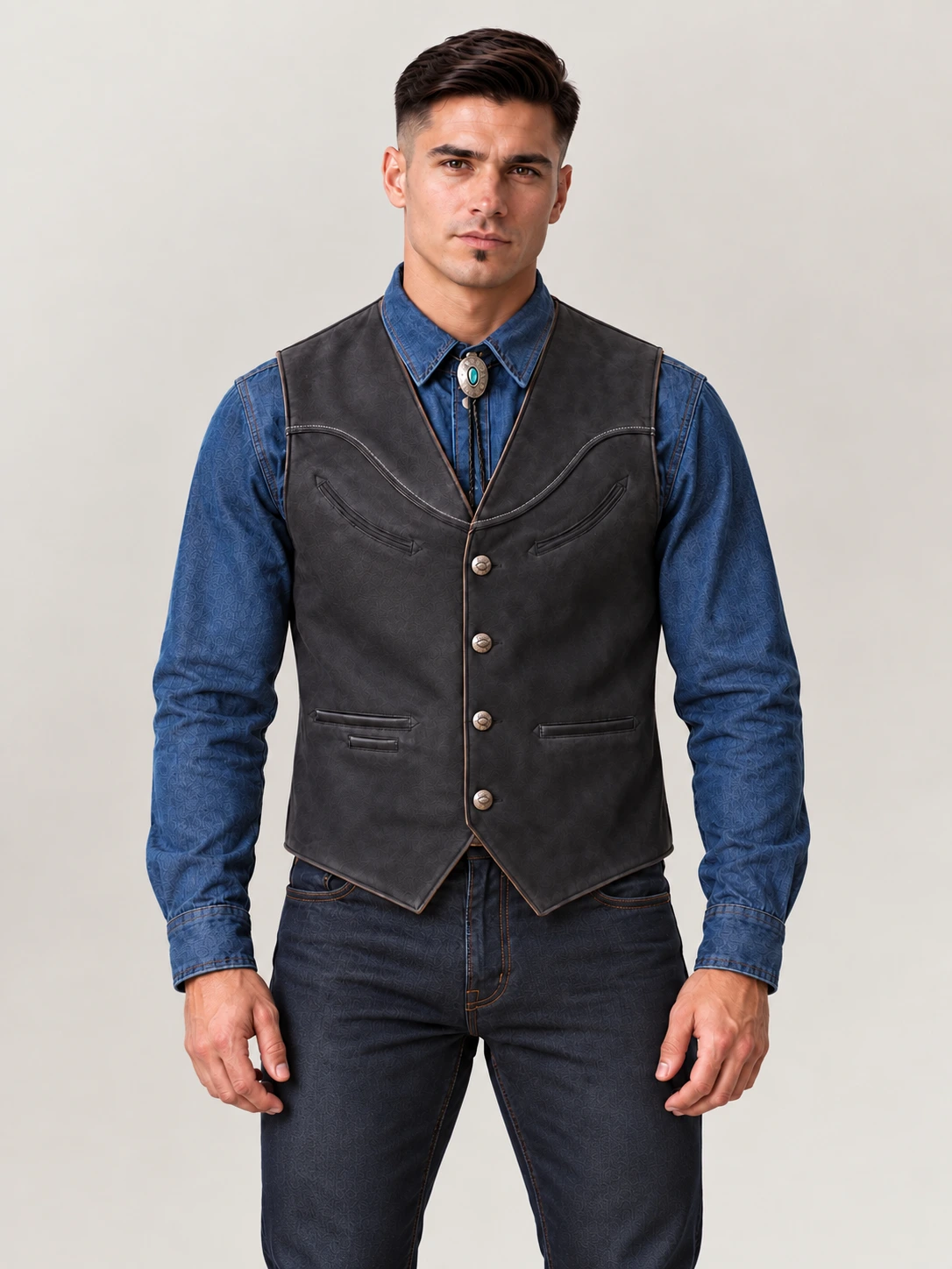 Men's Western Charcoal Nubik Cowhide Leather Vest