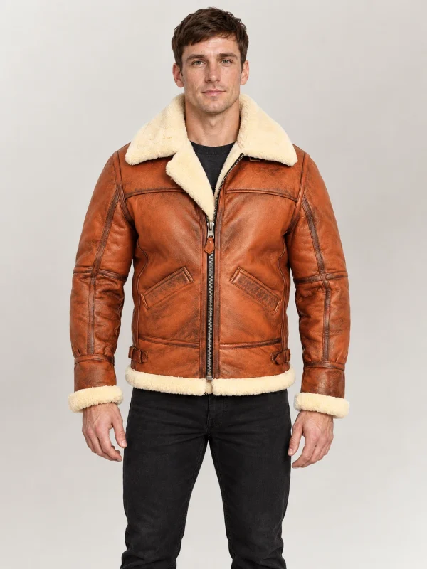 Men's Prime Trentino B3 Distressed Tan Real Shearling Bomber Jacket