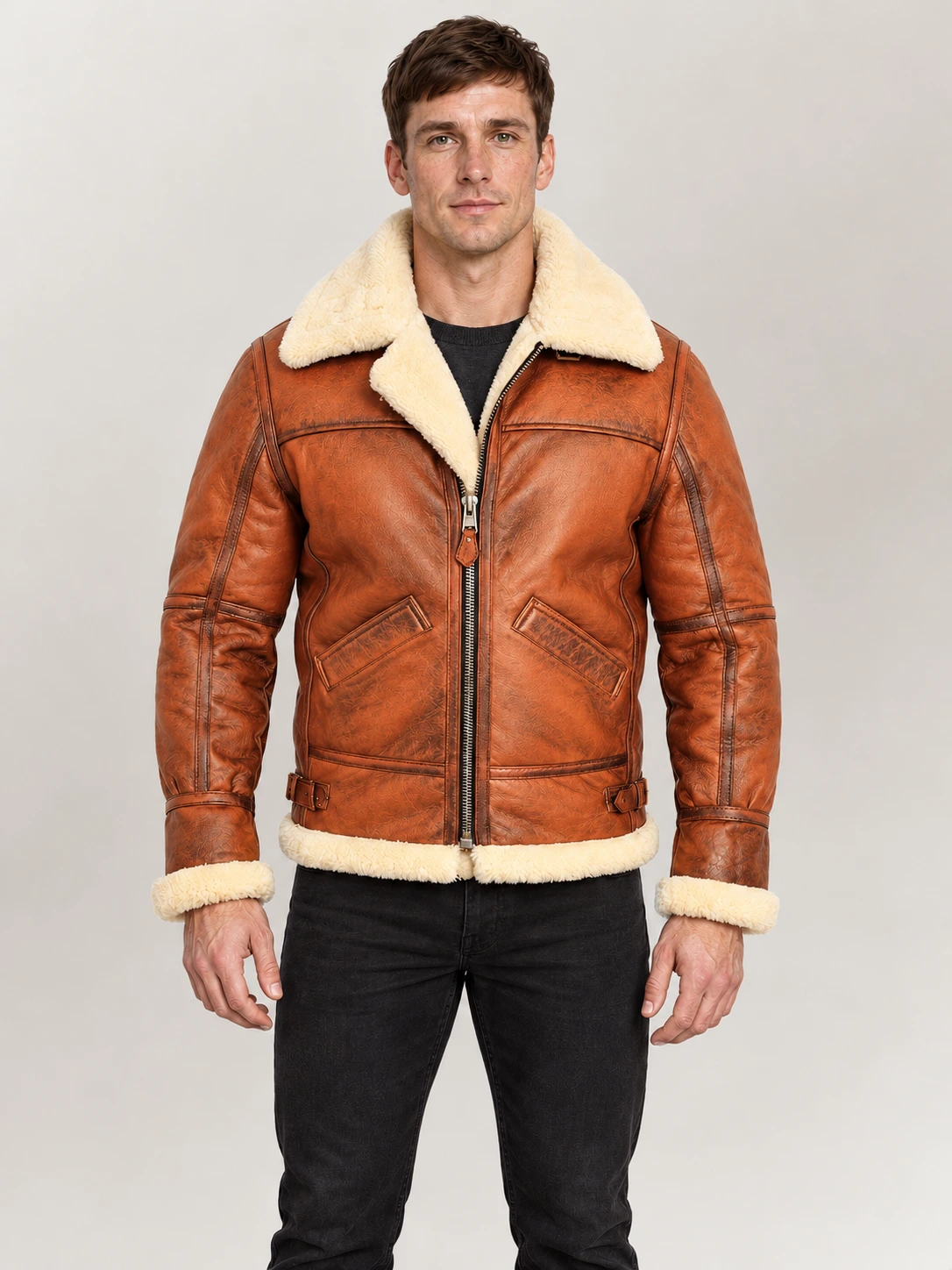 Men's Prime Trentino B3 Distressed Tan Real Shearling Bomber Jacket