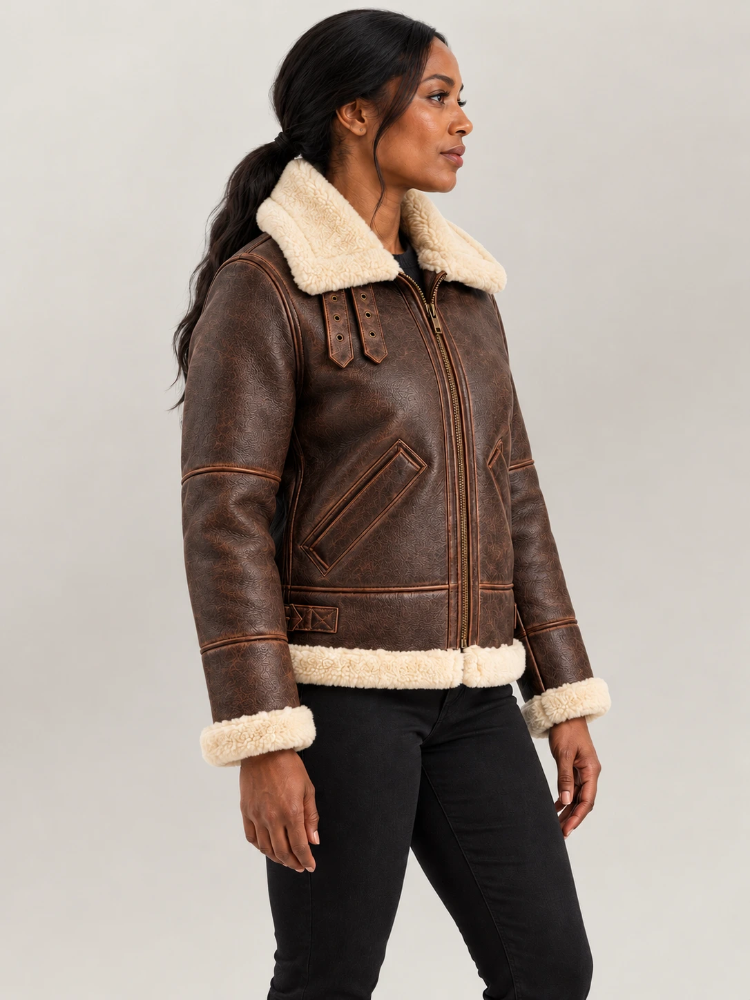 Women's Freda B3 Distressed Brown Real Shearling Bomber Jacket