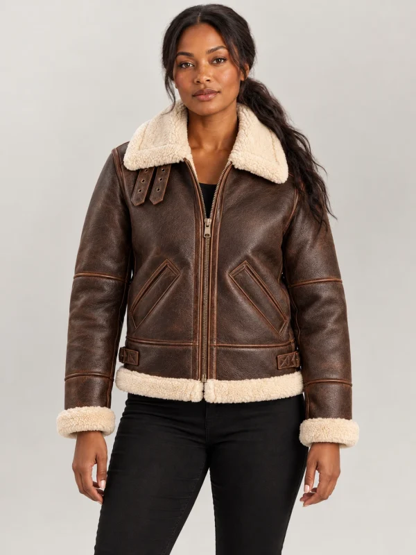 Women's Freda B3 Distressed Brown Real Shearling Bomber Jacket