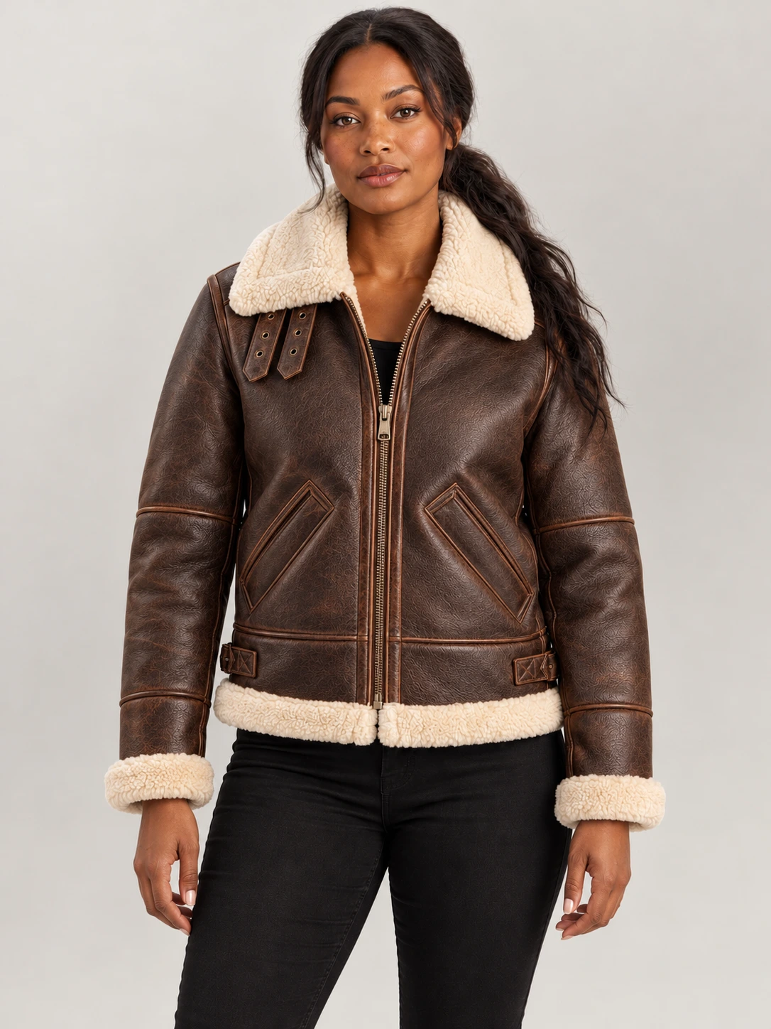 Women's Freda B3 Distressed Brown Real Shearling Bomber Jacket