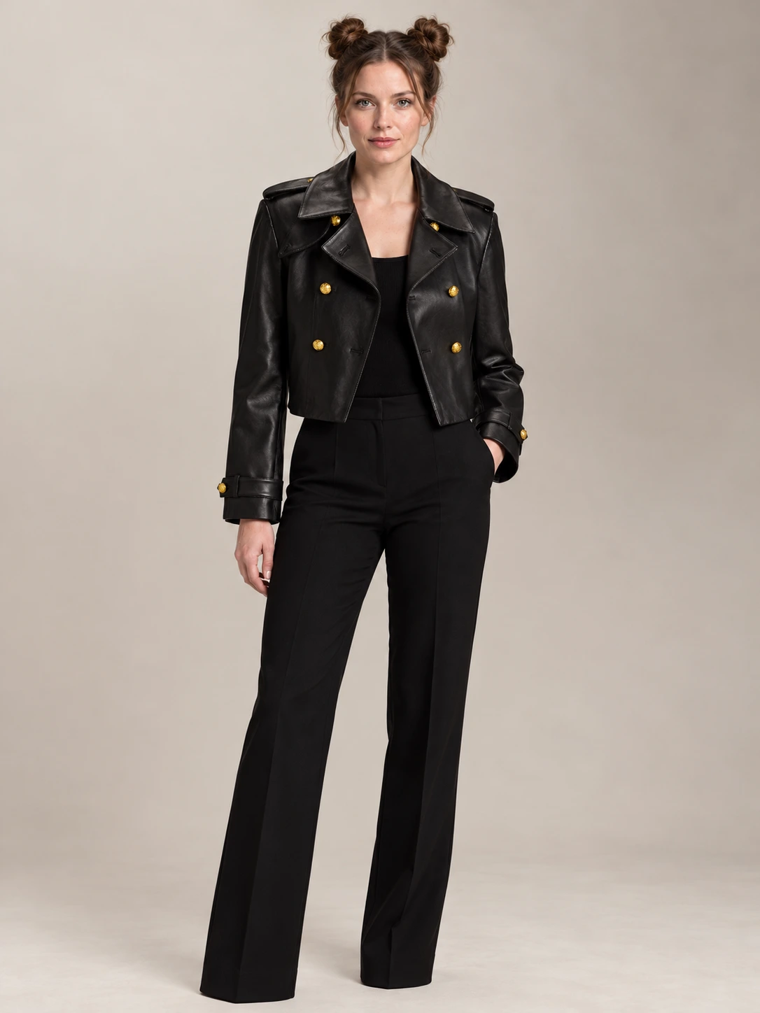 Women's Double-Breasted Cropped Leather Jacket