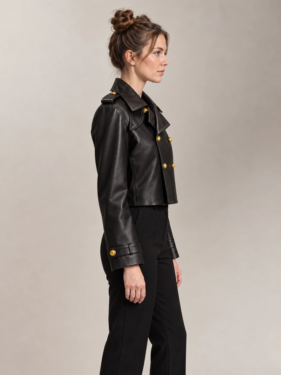 Women's Double-Breasted Cropped Leather Jacket
