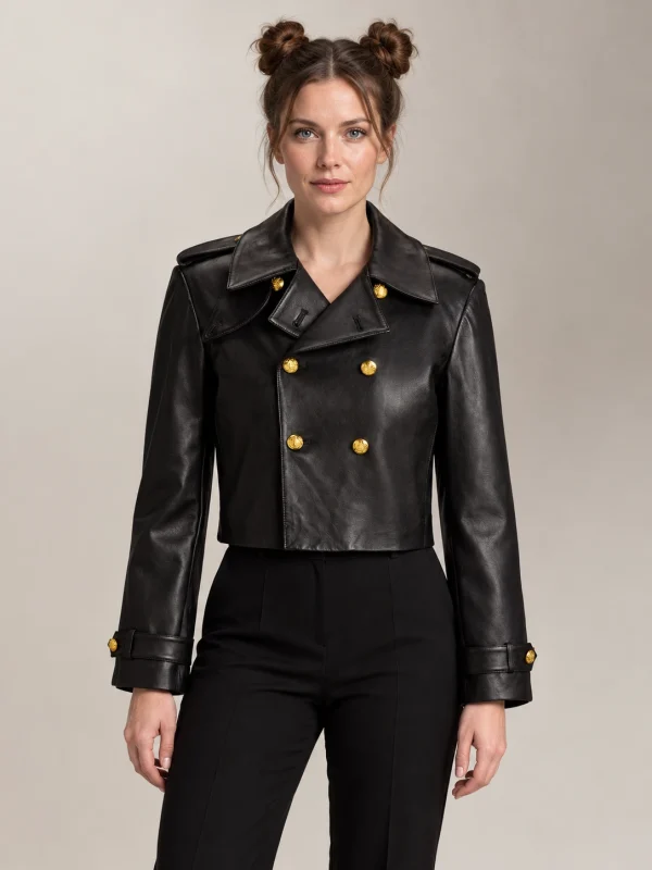 Women's Double-Breasted Cropped Leather Jacket