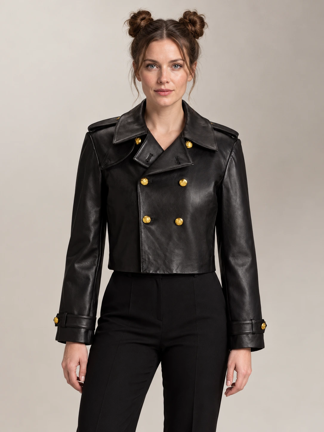 Women's Double-Breasted Cropped Leather Jacket