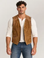 Men's Suede Western Garrison Leather Vest In Tan