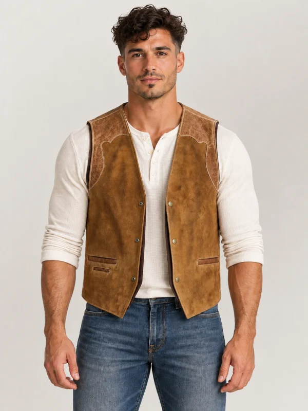 Men's Suede Western Garrison Leather Vest In Tan