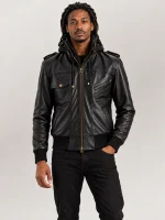 Men's Ischia Black Hooded Leather Bomber Jacket