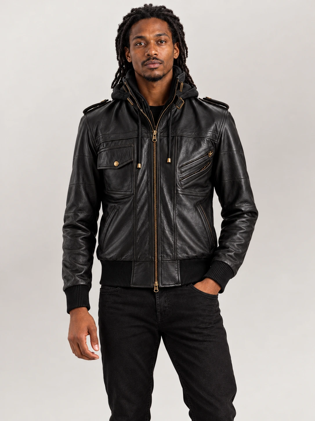 Men's Ischia Black Hooded Leather Bomber Jacket
