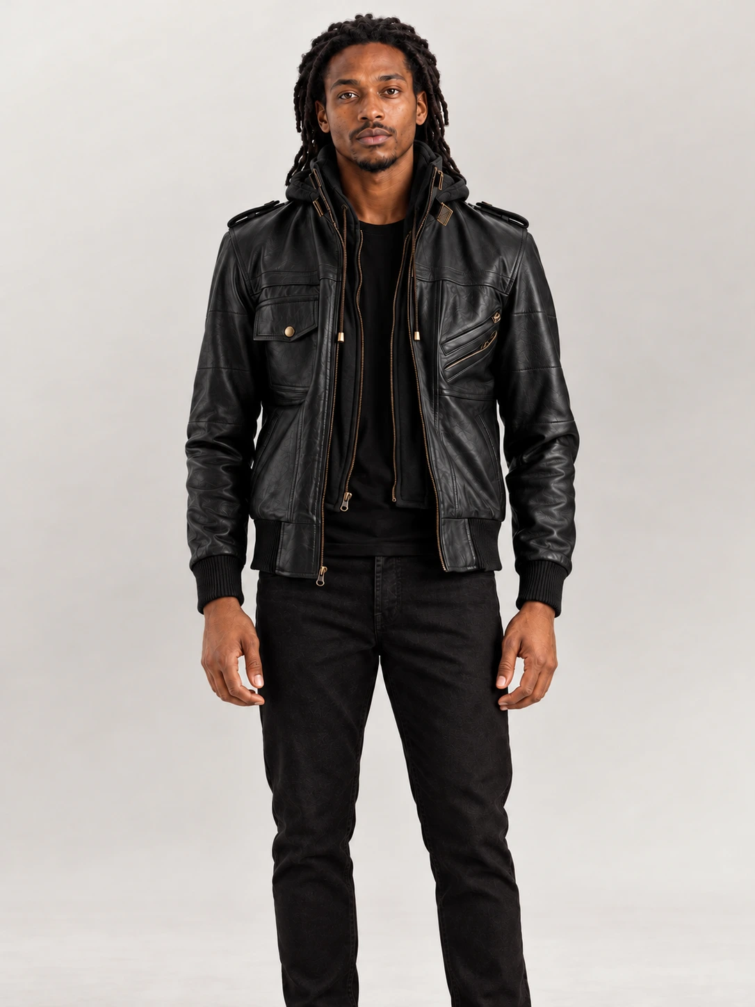 Men's Ischia Black Hooded Leather Bomber Jacket