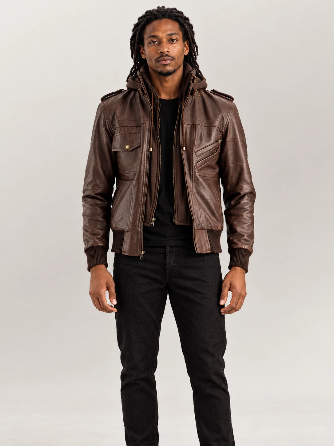 Men's Ischia Brown Hooded Leather Bomber Jacket